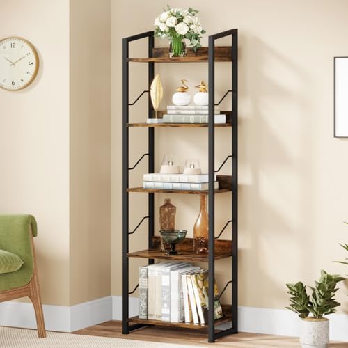 5 Tier Tall Bookshelf: Industrial Wood Book Shelf with Edge Protection Metal Narrow Bookshelf Bookcase Storage Organizer Display Rack for Living Room Home Office (Rustic Brown)