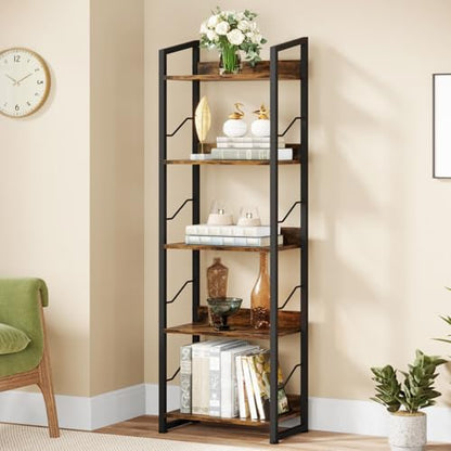 5 Tier Tall Bookshelf: Industrial Wood Book Shelf with Edge Protection Metal Narrow Bookshelf Bookcase Storage Organizer Display Rack for Living Room Home Office (Rustic Brown)