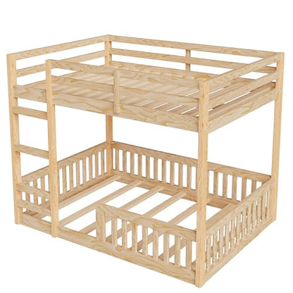 JIVOIT Full Over Full Bunk Bed, Solid Wood Bunk Bed Frame with Ladder and Guardrails, Wood Slats Support, No Box Spring Needed (Natural/ 4)