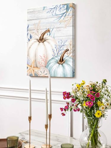 NuYeBiofx Thanksgiving Fall Pumpkins Canvas Wall Art Prints,48"x32" Framed Picture Artwork Starfish Shell on Farm Wood Printed Canvas Oil Painting for Living Room Bedroom Office,Ready to Hang