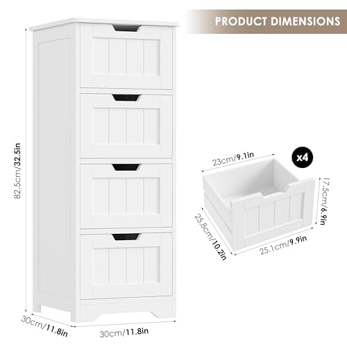 Bathroom Storage Cabinet, Set of 2, Bathroom Cabinet with 4 Drawers, 11.8” x 11.8” x 32.5” Freestanding Entryway Cupboard Storage Organizer Unit Home Furniture Decor, White