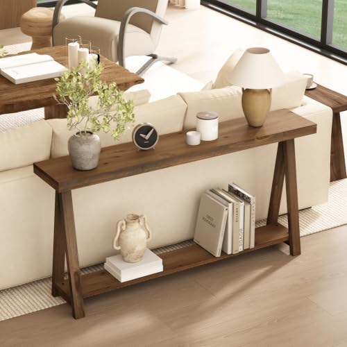 63" Solid Wood Farmhouse Console Table for Living Room, Natural | Rustic Hallway Stand for Entryway, 2-Tier Sofa Storage Unit