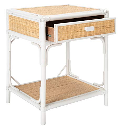 SAFAVIEH Home Collection – Roya White & Natural Nightstand with Drawer & Shelf, Coastal Accent Table, Bamboo-Style Frame & Rattan Drawer (NST4005C)
