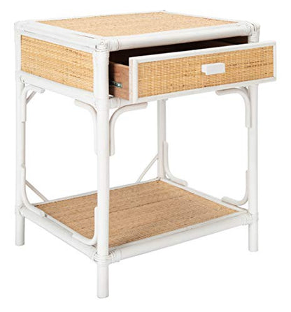 SAFAVIEH Home Collection – Roya White & Natural Nightstand with Drawer & Shelf, Coastal Accent Table, Bamboo-Style Frame & Rattan Drawer (NST4005C)