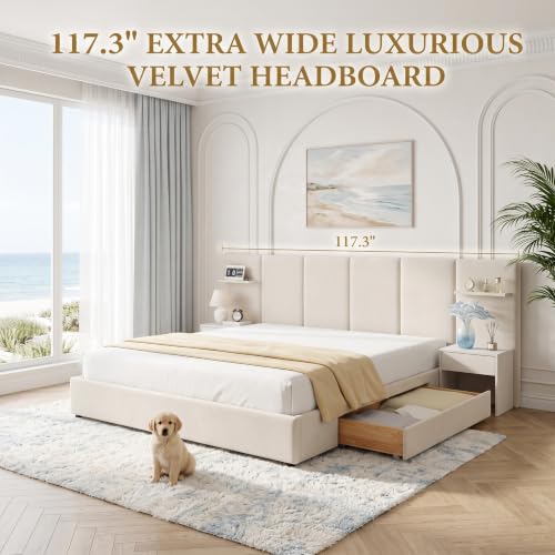 King Size Bed Frame with Storage & Built-in Nightstands & Drawers, Beige, view 4