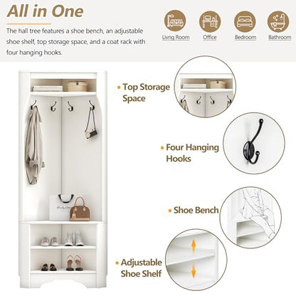 Corner Hall Tree with Shoe Bench, Entryway Coat Rack with 4 Hooks, Corner Cabinet with Adjustable Shelf for Hallway, Living Room, White, 29.5''W*71.6''H
