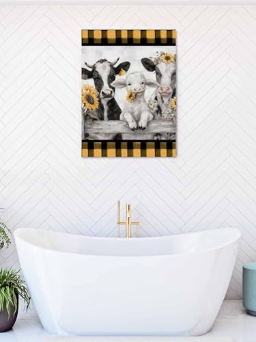 NuYeBiofx Farmhouse Cow Sheep Buffalo Plaid Canvas Wall Art Prints,30"x20" Framed Picture Artwork Rustic Sunflower Wood Fence Printed Canvas Oil Painting for Living Room Bedroom Office,Ready to Hang
