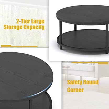 Round Coffee Table Black 35.8" Circle Coffee Tables for Living Room Rustic Industrial Design with Sturdy Metal Frame Legs and Open Storage Shelf, Easy Assembly