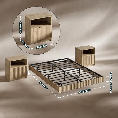 Bedroom Furniture Set-Bed with 2 Nightstands, Mid Century Modern Bedroom Set, Floating Bed Frame Led Lights, Fluted Floating Room Furnitures, 3-Piece Room Set (Nbh, Queen)