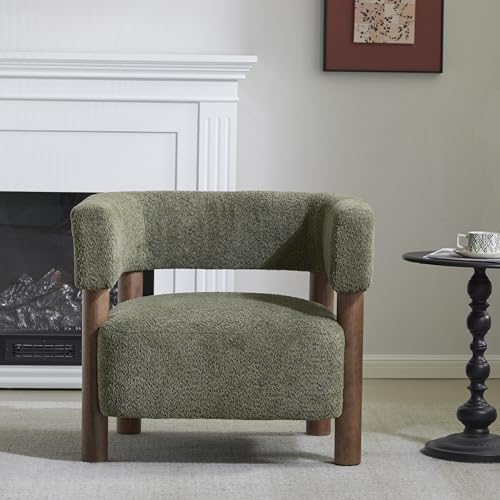 Carly Low Profile Accent Chair, Round Backrest Side Chair, Living Room Armchair with Boucle Fabric Cushion,Comfy Reading Chair for Bedroom,Wooden Single Lounge Sofa,Olive Green