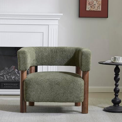 Carly Low Profile Accent Chair, Round Backrest Side Chair, Living Room Armchair with Boucle Fabric Cushion,Comfy Reading Chair for Bedroom,Wooden Single Lounge Sofa,Olive Green