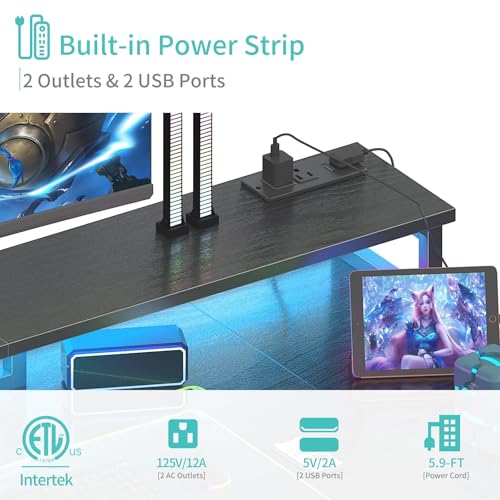 Gaming Desk with LED Lights and Storage Shelves, 47 inch Computer Desk with Power Outlets, Home Office Desk with Monitor Stand, Writing Table PC Desks, Black