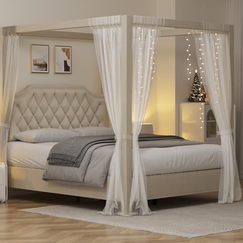 Upholstered Canopy Bed Queen Size with Button Tufted headboard, view 4
