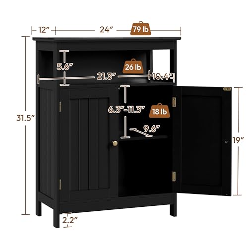 Yaheetech Bathroom Storage Cabinet, Wooden Free Standing Storage Organizer with 2 Doors & 1 Open Compartment, Adjustable Shelf,Floor Cabinet for Bathroom, Living Room, Hallway, Black