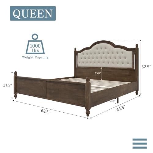 Luxury Queen Size Bed Frame with Upholstered Tufted Headboard,Walnut, view 3