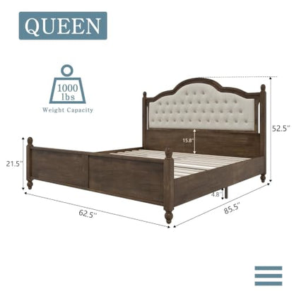 Luxury Queen Size Bed Frame with Upholstered Tufted Headboard,Walnut, view 3