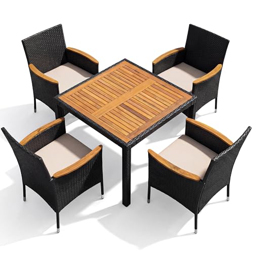 5 PCS Furniture, Patio Conversation Set with Acacia Wood Top, Rattan Outdoor Dining Table and Chairs for Backyard, Garden, Deck, Black