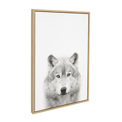Sylvie Wolf Animal Print Black and White Portrait Framed Canvas Wall Art by Simon Te Tai, 23x33 Natural