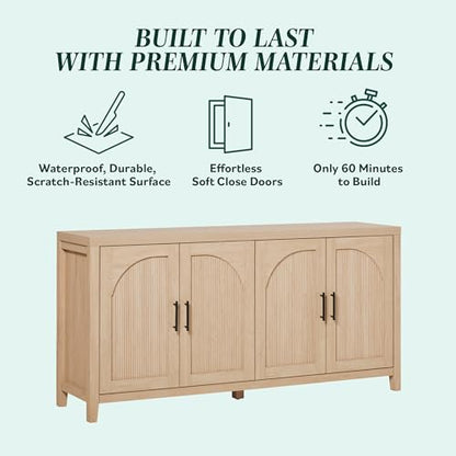Sasha 4-Door Reeded Sideboard Buffet with Cord Management, 60 Inch, Coastal Oak