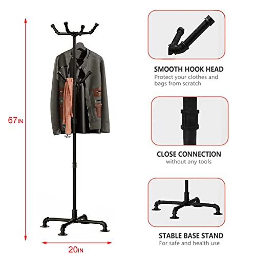 Industrial Coat Rack,Metal Pipe Coat Rack Stand Freestanding with 6 Hooks,Heavy Duty Coat Tree Sturdy Coat Racks for Entryway, Hallway, Bedroom (Black)