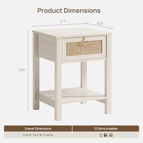 White Nightstand Set of 2,Rattan Decor Drawer with Brass Knobs Night Stand Bedside Table Boho End Tables Side Tables with Storage Shelf for Bedroom,Small Space