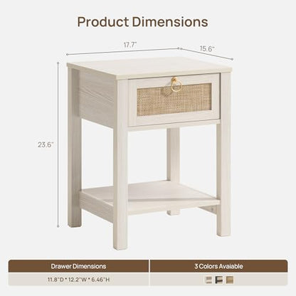 White Nightstand Set of 2,Rattan Decor Drawer with Brass Knobs Night Stand Bedside Table Boho End Tables Side Tables with Storage Shelf for Bedroom,Small Space