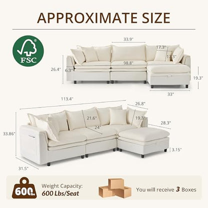 113.4'' Modular Sectional Sofa with Storage Ottoman, Oversized L Shaped Cloud Couch, Modern Comfy Chenille Deep Seat Sleeper Sofa, 4 Seat Convertible Couches for Living Room, Beige