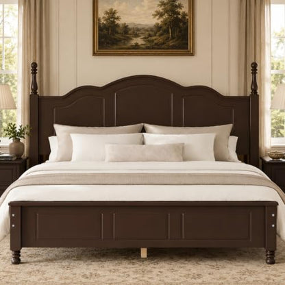Dark Walnut Wood Bed Frame Queen Size with Wave Shaped Headboard, view 2
