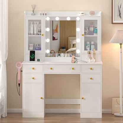 White Makeup Vanity Desk with Mirror and Lights, Smart RGB Light, view 4