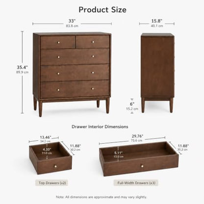 100% Solid Wood 5 Drawers Nightstand for Bedroom, Rubber Wood, view 3