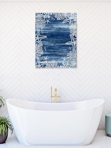 NuYeBiofx Summer Ocean Starfish Coral Canvas Wall Art Prints,48"x32" Framed Picture Artwork Coastal Navy Blue Marine Creature Printed Canvas Oil Painting for Living Room Bedroom Office,Ready to Hang