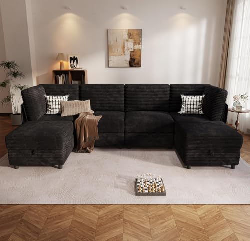 Modular Sectional Sofa U-Shaped 6 Seater Couch with Storage Ottoman, Convertible L-Shaped Plush Wide-Wale Corduroy Couch for Living Room, Apartment, Modern Design, Black