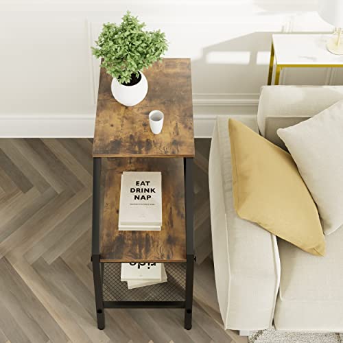 End Table 3 Tiers Shelf Rustic Brown Wood Industrial Accent Decorative Sofa Side Table Modern Trapezoid Accent Furniture Living Room Bed Room for Small Place