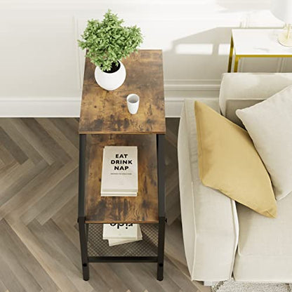 End Table 3 Tiers Shelf Rustic Brown Wood Industrial Accent Decorative Sofa Side Table Modern Trapezoid Accent Furniture Living Room Bed Room for Small Place