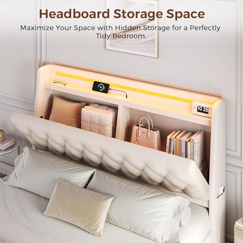 Full LED Velvet Bed Frame with 2 Storage Drawers&Hidden Headboard, view 5