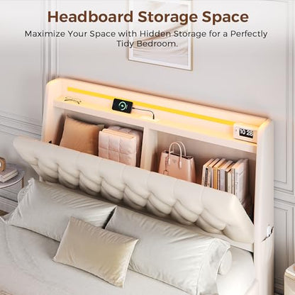 Full LED Velvet Bed Frame with 2 Storage Drawers&Hidden Headboard, view 5