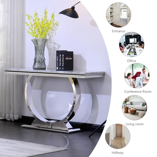 Silver Console Table, 50" Rectangular Sofa Table with Mirrored U-Base, Modern Grey Console Table for Entryway, Living Room, Office, Coffee Bar, Front Hall, Hallway