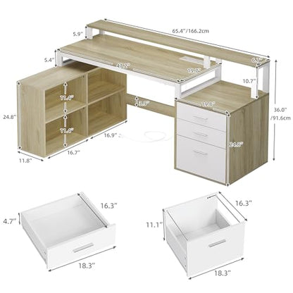 L Shaped Desk with Drawers, 65" Computer Desk with Power Outlets & LED Lights, Corner Home Office Desk with Storage Shelves & Printer Stand, White & Oak