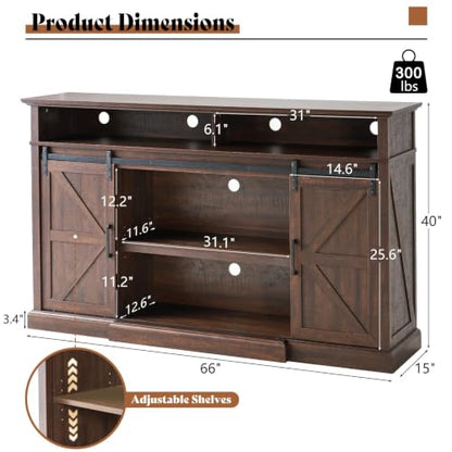 66" W Farmhouse TV Stand, Entertainment Center with Storage, Brown, view 3