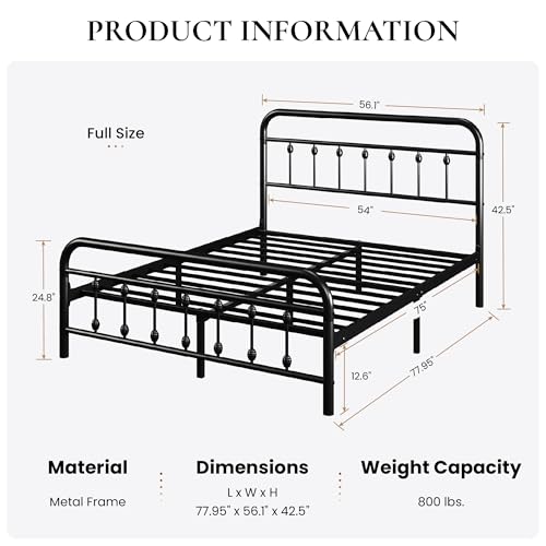 Full Metal Bed Frame with Victorian Iron-Art Headboard, Black, view 3