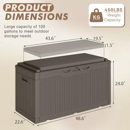 100 Gallon Deck Box, Waterproof Resin Outdoor Storage Box with Cushion for Outside and Patio, Large Outdoor Storage Bench Cabinet Lockable for Patio Furniture and Garden Tools (Deep Brown)