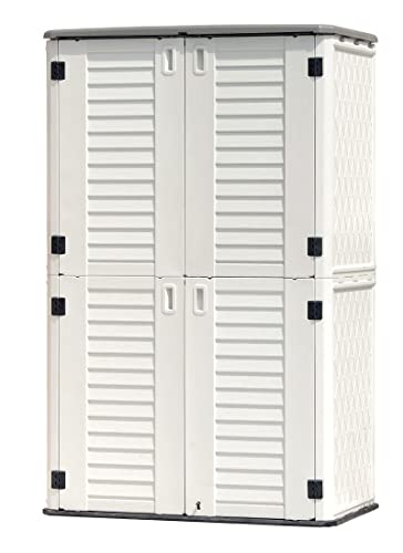 Outdoor Storage Shed Waterproof, Resin Vertical Storage Cabinet Double-Layered, Versatile to Store Patio Furniture, Garden Tools, Pool Accessories,Mower (66 Cu.ft,White)