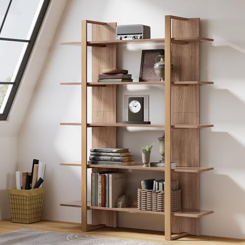Tribesigns 5-Tier 47 Inches Bookshelf Bookcase, Boho Open Bookshelves Etagere Display Office Shelving Unit, for Living Room, Office & Bedroom, Metal & Wood, Retro Dark Brown