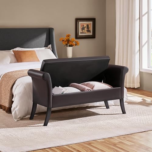 Yaheetech Ottoman with Storage, 52" PU Leather Storage Ottoman Bench with Safety Hinge, Upholstered Bench with Seating for Bedroom, Living Room, Holds up to 661 lb, Dark Brown