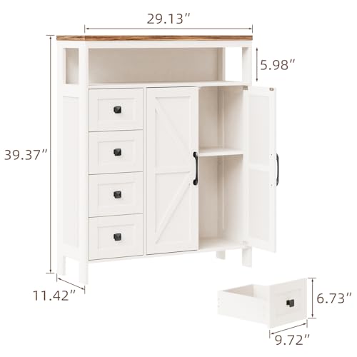 Farmhouse Storage Cabinet with 2 Doors and 4 Drawers, Freestanding Bathroom Cabinet Kitchen Pantry, Floor Storage Cabinets Hutch Cupboard for Kitchen/Living Room/Bathroom （Unique White）