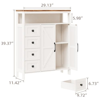 Farmhouse Storage Cabinet with 2 Doors and 4 Drawers, Freestanding Bathroom Cabinet Kitchen Pantry, Floor Storage Cabinets Hutch Cupboard for Kitchen/Living Room/Bathroom （Unique White）