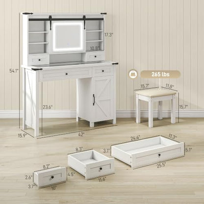 Farmhouse Vanity Desk with Mirror, LED Lights, Stool, White, view 4