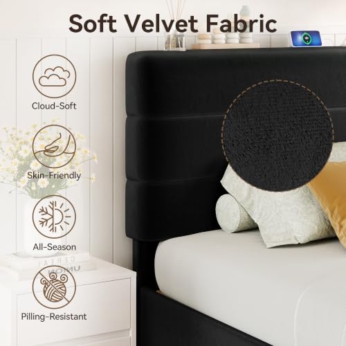 Queen Size Platform Bed Frame with Velvet Upholstered Headboard, view 6