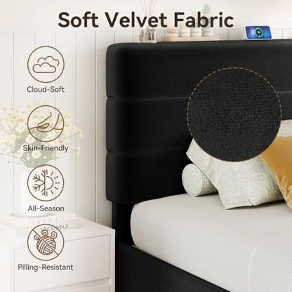 Queen Size Platform Bed Frame with Velvet Upholstered Headboard, view 6