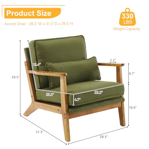 Mid-Century Lounge Accent Chair, Green | Wide Curved Armrest, Linen Fabric, Lumbar Pillow Included, Solid Wood Frame, For Living Room, Bedroom, Balcony, Apartment